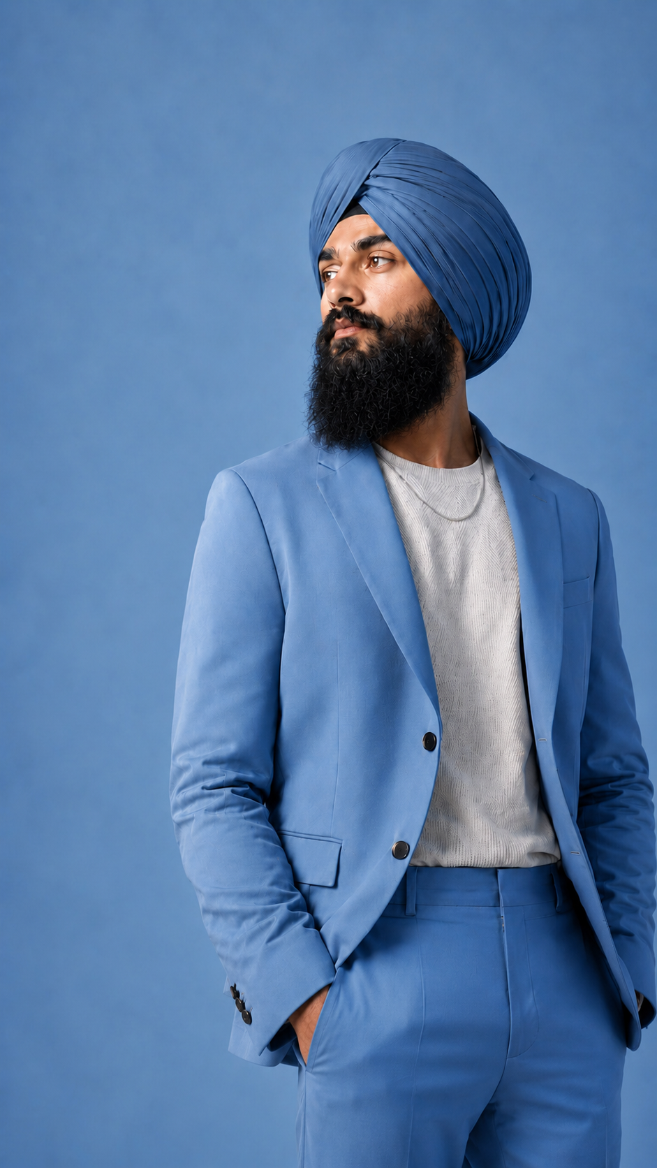Man in blue turban and suit